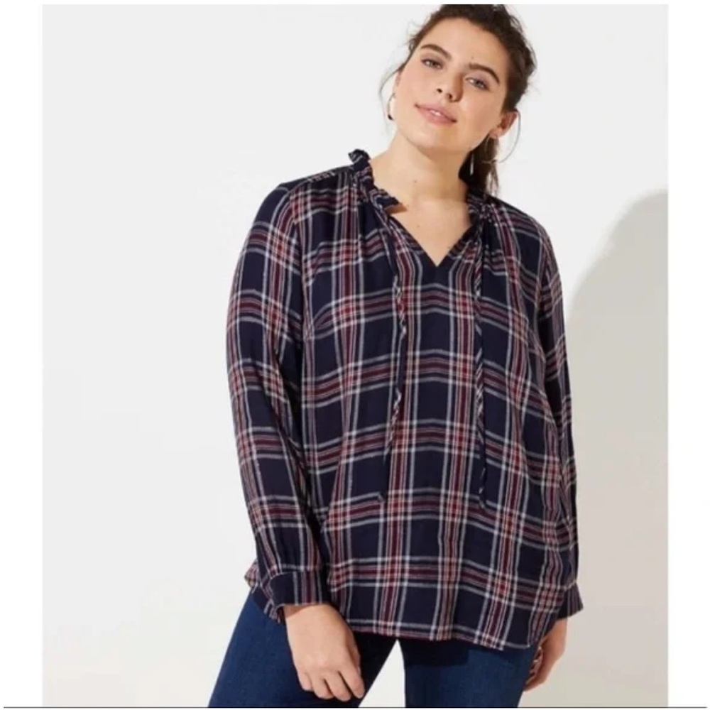 LOFT Shimner Plaid ruffle neck top- worn about 3 times